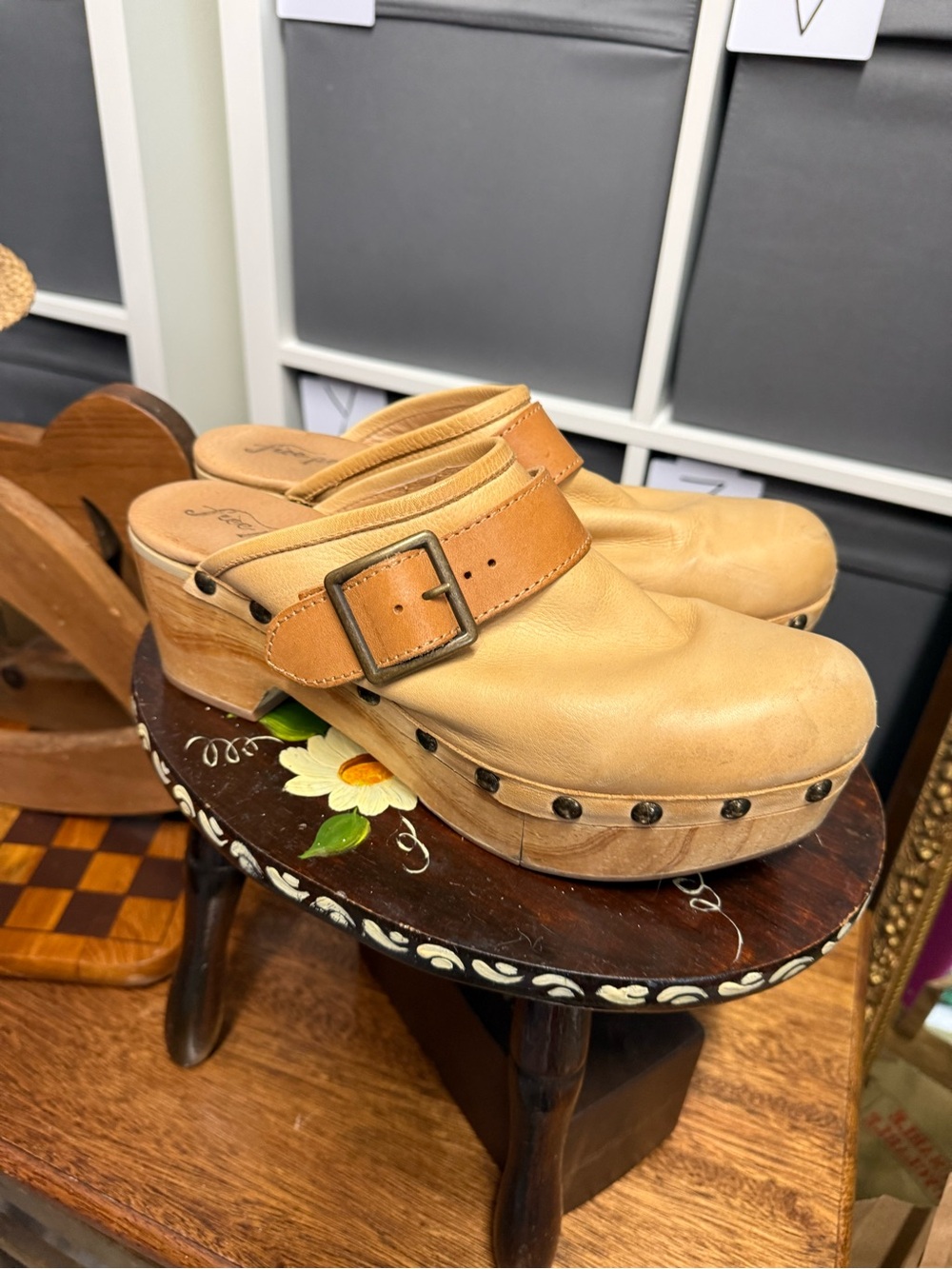 Free People Culver City Clog Leather Tan Clog Mules with Buckle